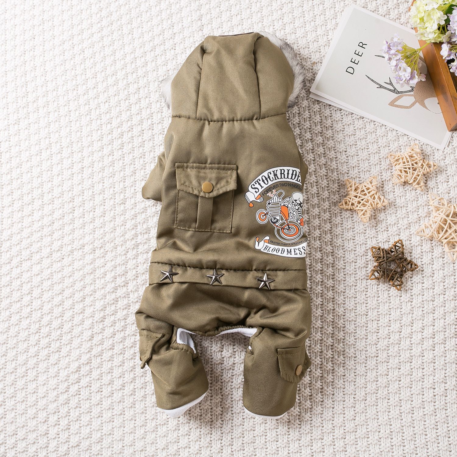 Qi Pet Dog Clothes Thickened Four Legged Warm locomotive hand army green M