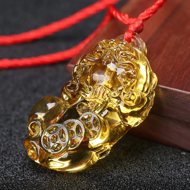 Glass Citrine Pixiu Pendant Necklace Citrine three-money brave pendant (red rope) view 3