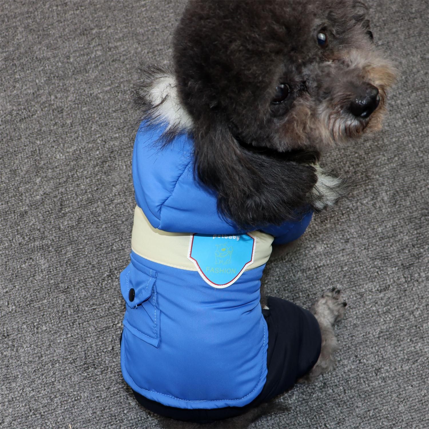Dog Winter Coat Hooded Thickened Small Breed conjoined jacket blue L view 4