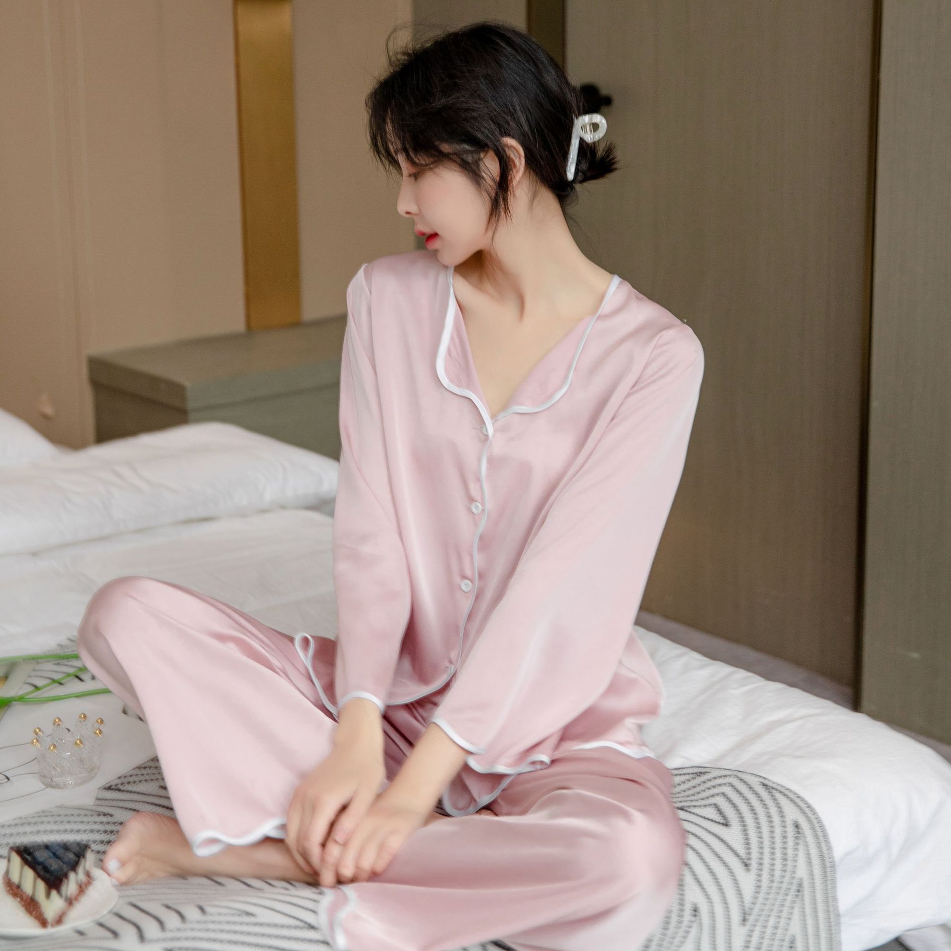 Ming Yu Ya Si Ice Silk Pajamas Set Long Sleeve Black XL view 4