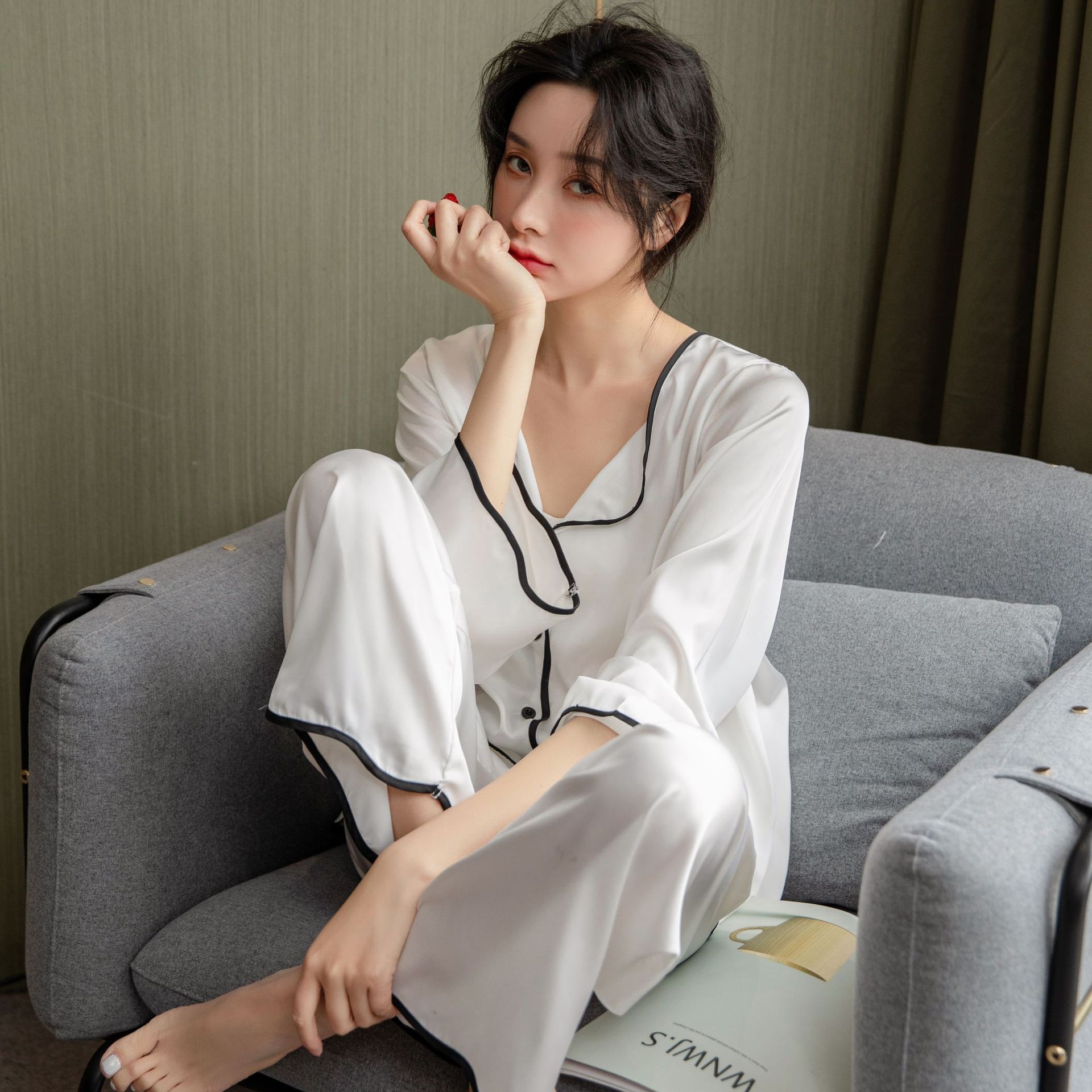 Ming Yu Ya Si Ice Silk Pajamas Set Long Sleeve Pink view 3