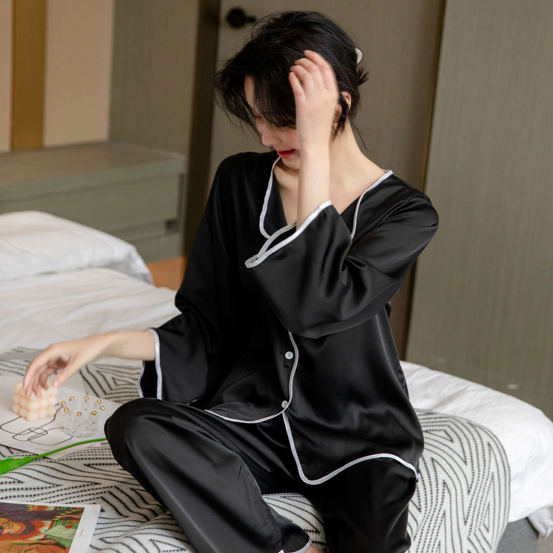 Ming Yu Ya Si Ice Silk Pajamas Set Long Sleeve Pink view 4