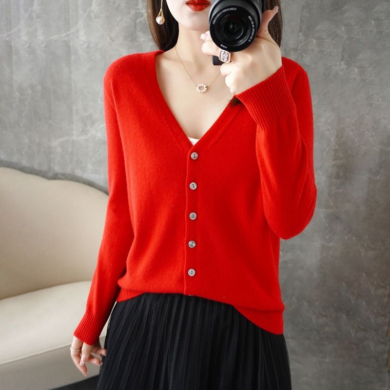 Women V Neck Knitted Cardigan Long Sleeve Sweater big red M Size: M — image 1