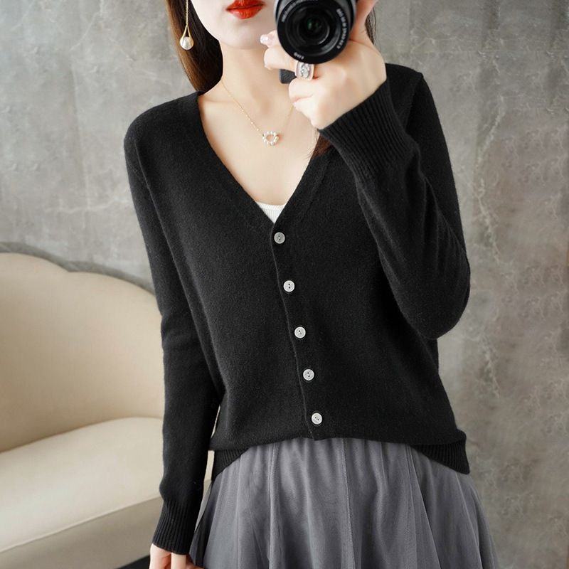 Women V Neck Knitted Cardigan Long Sleeve Sweater Black XL Size: XL — image 1