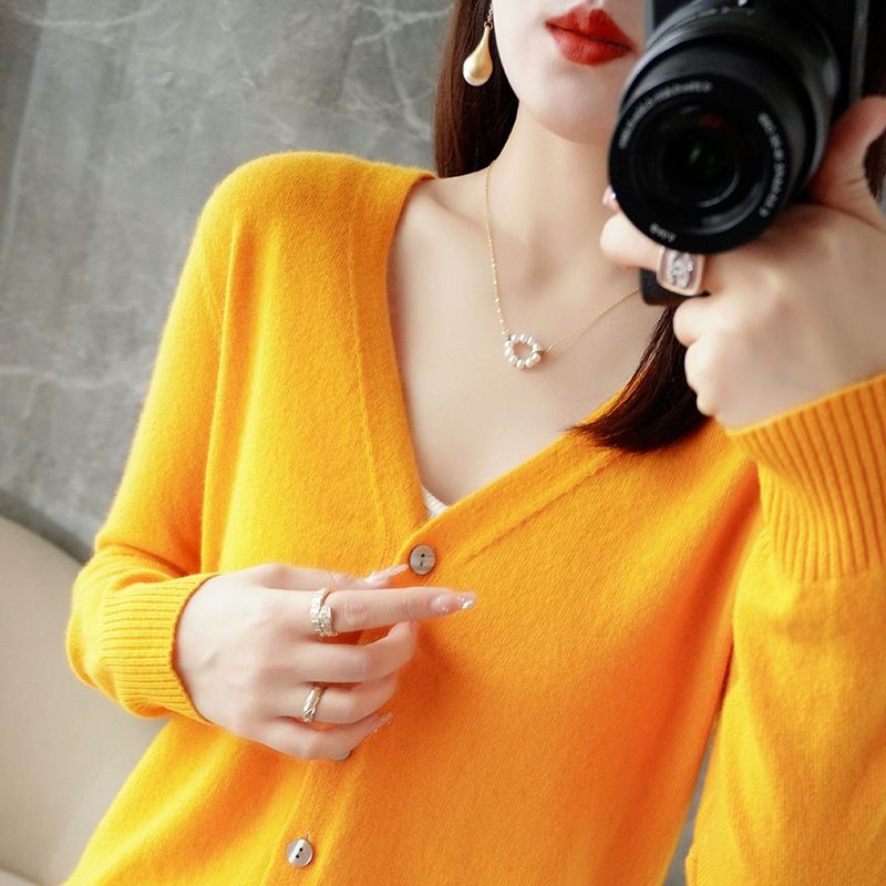 Women V Neck Knitted Cardigan Long Sleeve Sweater Yellow Size: L — image 1