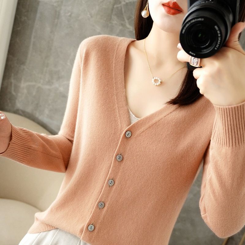 Women V Neck Knitted Cardigan Long Sleeve Sweater Golden Camel XL Size: XL — image 1