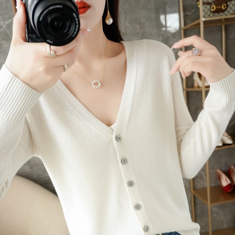 Women V Neck Knitted Cardigan Long Sleeve Sweater Golden Camel XXL Size: XXL view 5