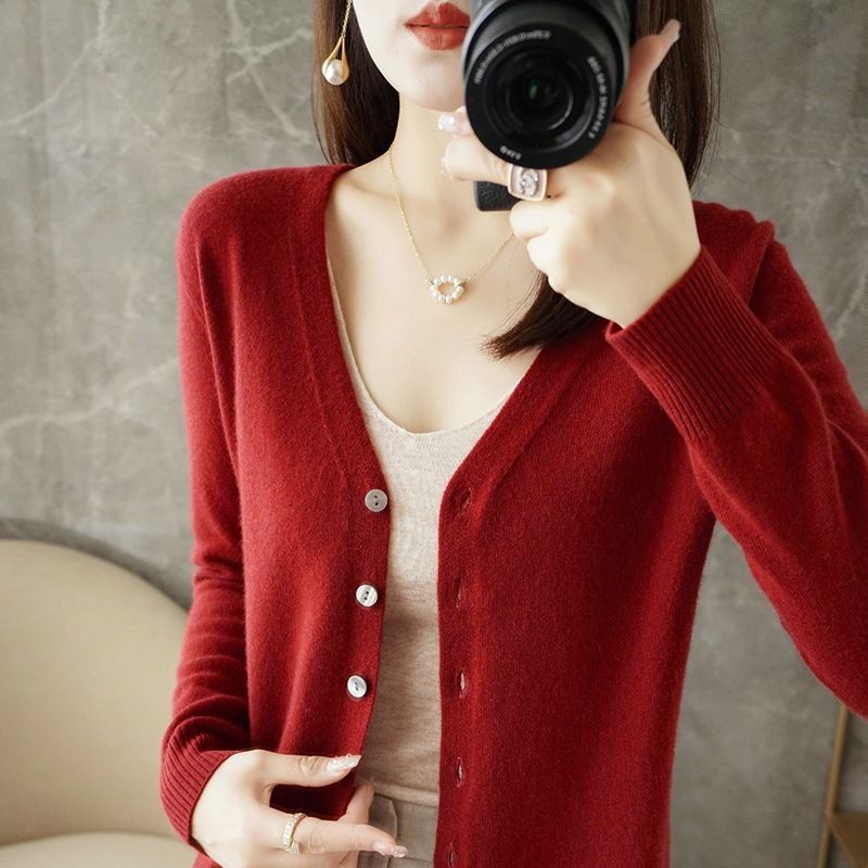 Women V Neck Knitted Cardigan Long Sleeve Sweater Wine red XXL Size: XXL — image 1