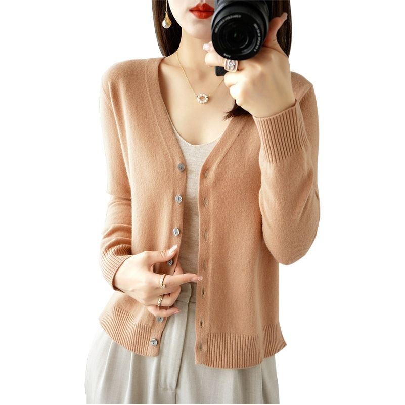 Women V Neck Knitted Cardigan Long Sleeve Sweater orange red Size: L view 2