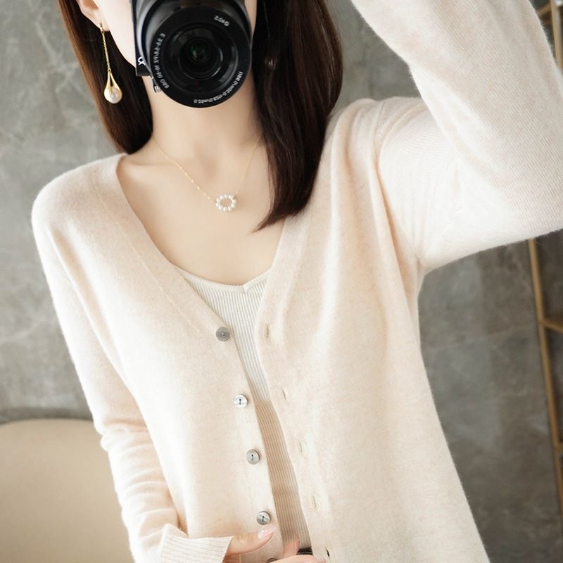 Women V Neck Knitted Cardigan Long Sleeve Sweater orange red Size: L view 3