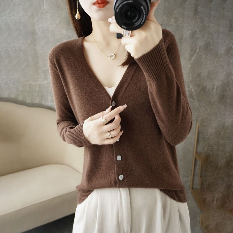 Women V Neck Knitted Cardigan Long Sleeve Sweater Coffee Size: S — image 1