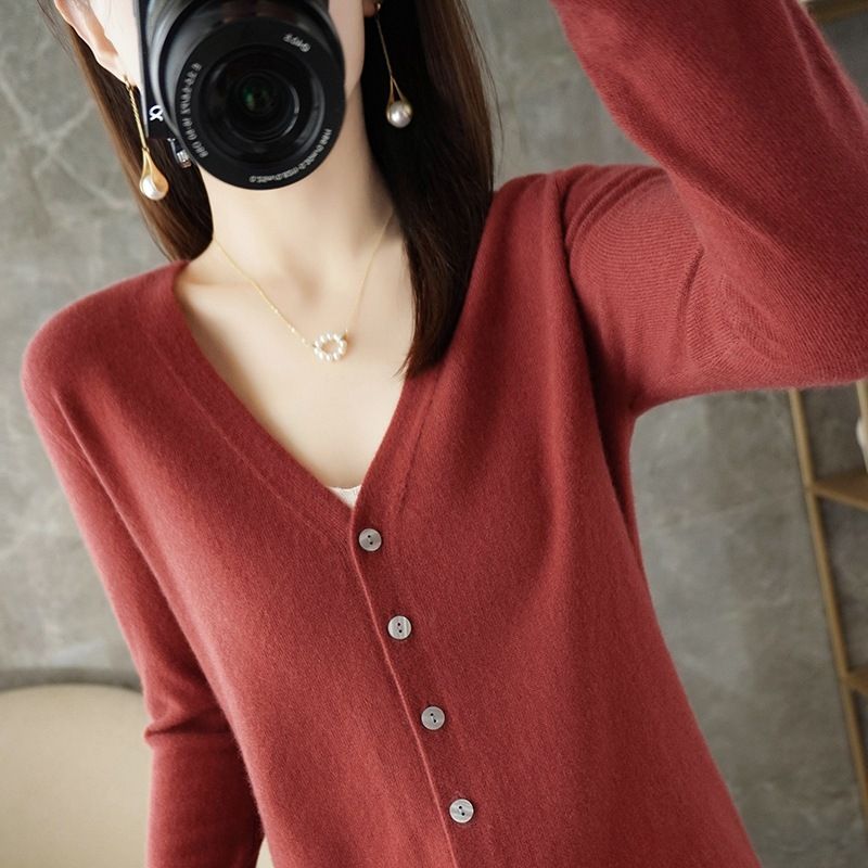 Women V Neck Knitted Cardigan Long Sleeve Sweater Coffee Size: L view 4