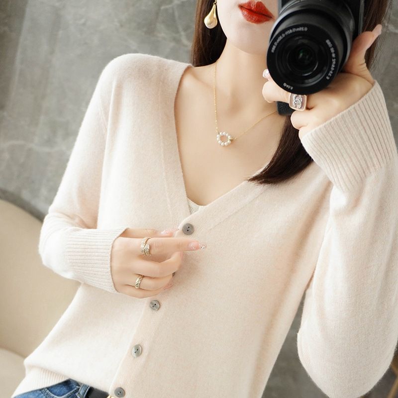 Women V Neck Knitted Cardigan Long Sleeve Sweater Beige M Size: M — image 1