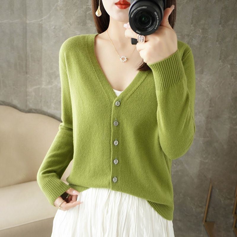 Women V Neck Knitted Cardigan Long Sleeve Sweater Avocado green XL Size: XL — image 1