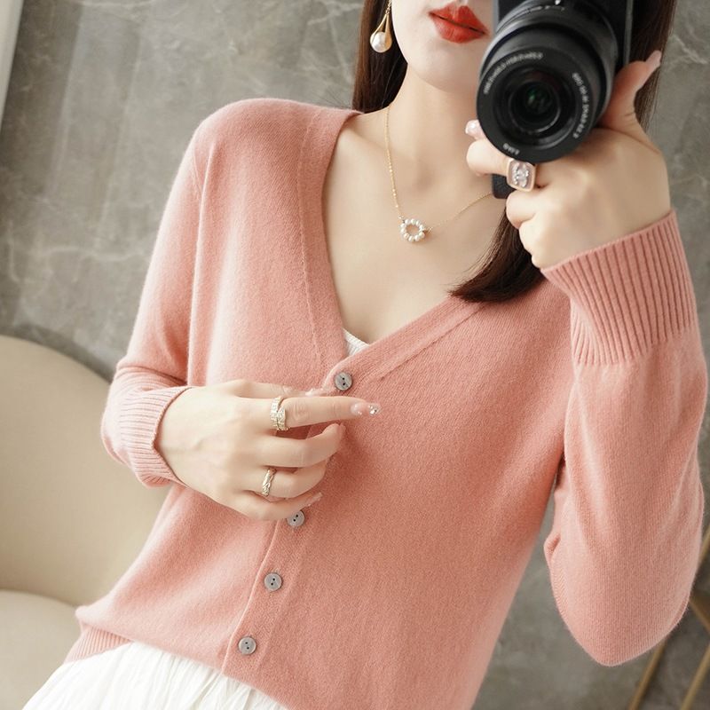 Women V Neck Knitted Cardigan Long Sleeve Sweater leather pink M Size: M — image 1