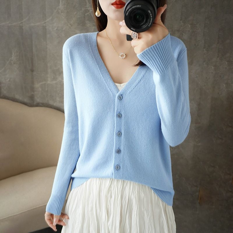 Women V Neck Knitted Cardigan Long Sleeve Sweater sky blue M Size: M — image 1