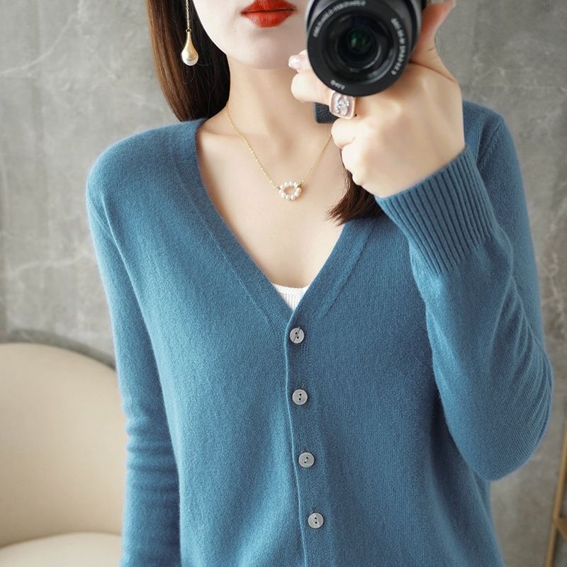 Women V Neck Knitted Cardigan Long Sleeve Sweater haze blue XXL Size: XXL — image 1