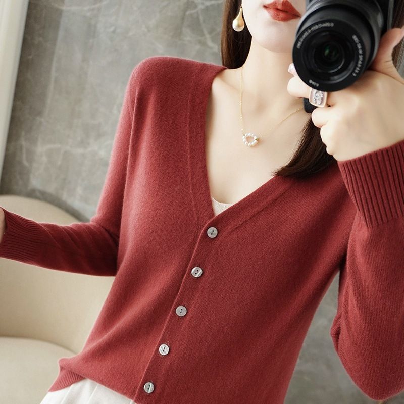 Women V Neck Knitted Cardigan Long Sleeve Sweater rust red M Size: M — image 1