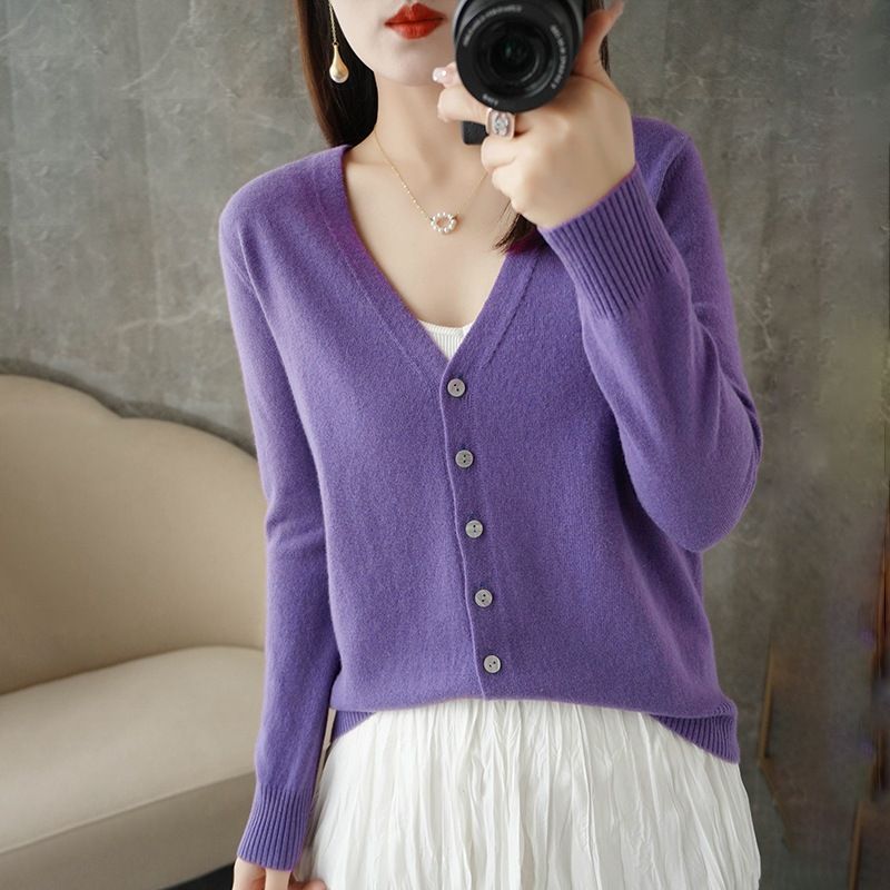 Women V Neck Knitted Cardigan Long Sleeve Sweater Purple XL Size: XL — image 1