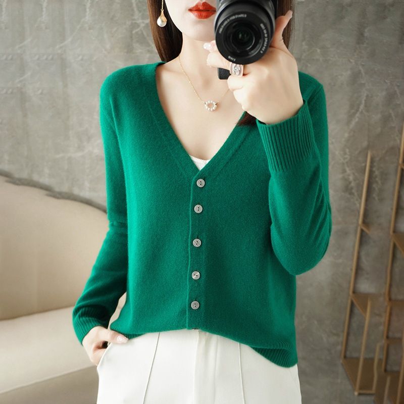 Women V Neck Knitted Cardigan Long Sleeve Sweater Emerald XL Size: XL — image 1