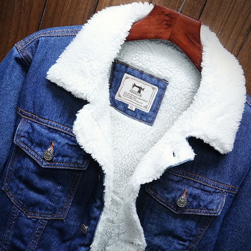 Men Fleece Lined Denim Jacket Korean Style Thick... Retro Black 2XL Size: 2XL view 6
