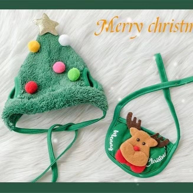 Pet Bib Santa Hat Green Elk Polyester Red Santa slobber towel view 3
