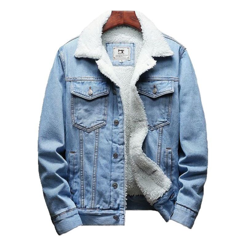 Men Fleece Lined Denim Jacket Korean Style Thick... Pure black 6XL view 2