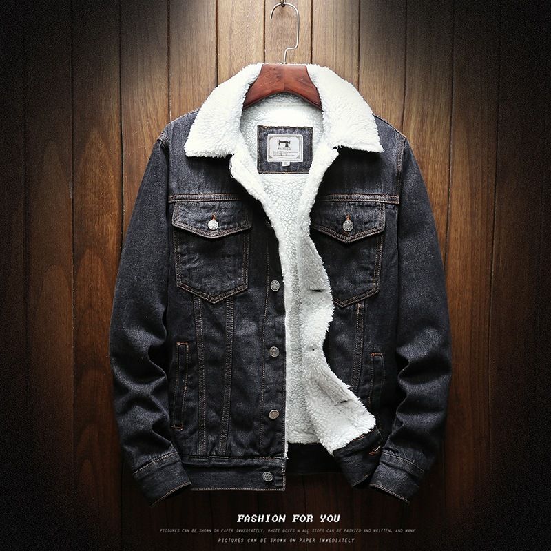 Men Fleece Lined Denim Jacket Korean Style Thick... Pure black 6XL view 5