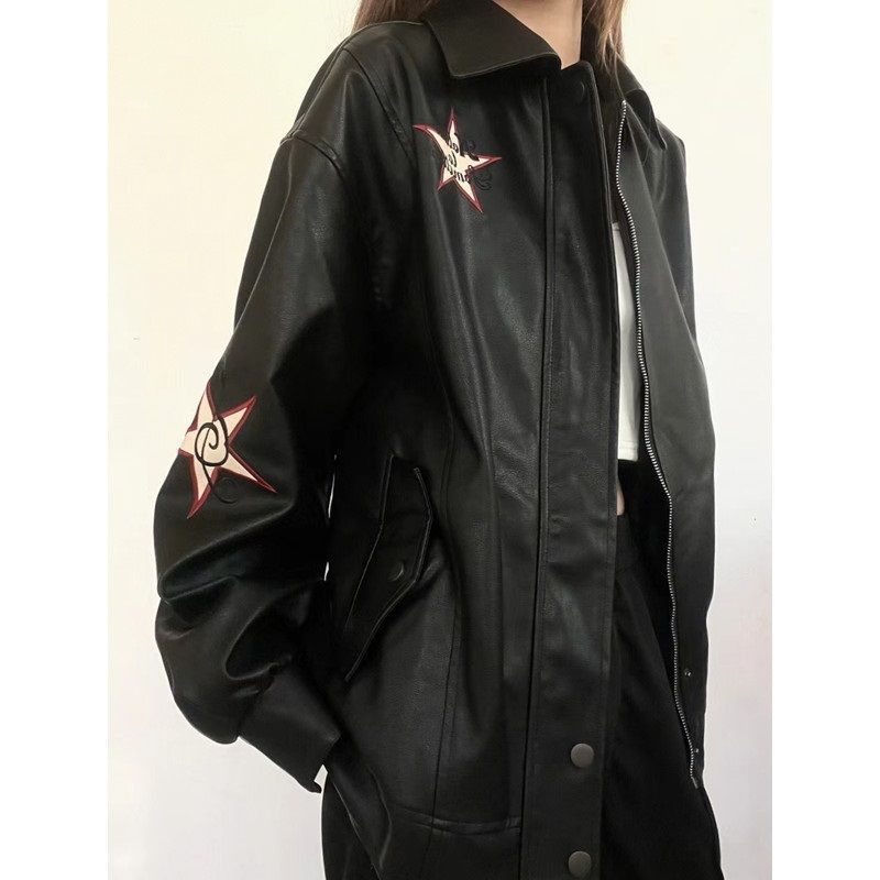 Women PU Leather Jacket Black Polo Collar Zipper Within S 95kg view 3