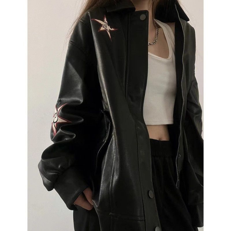 Women PU Leather Jacket Black Polo Collar Zipper Within S 95kg view 4