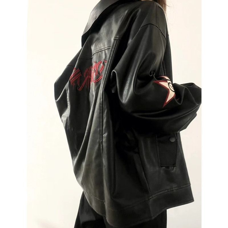 Women PU Leather Jacket Black Polo Collar Zipper Within S 95kg view 5