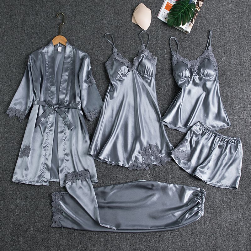 Women Five Piece Sleepwear Set Polyester V Neck Black XXL view 4