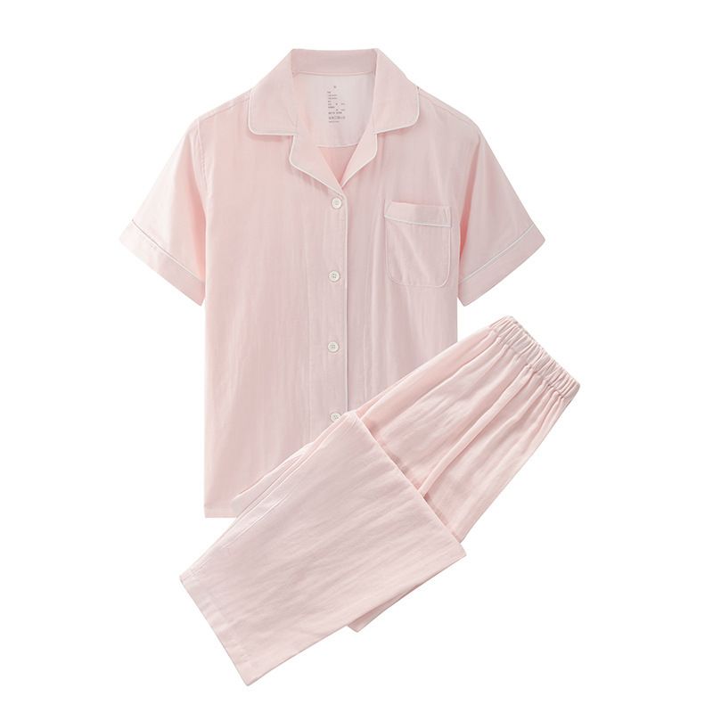 Cotton Short Sleeve Japanese Leisure Sleep Shorts Set Women's Pink Solid — image 1