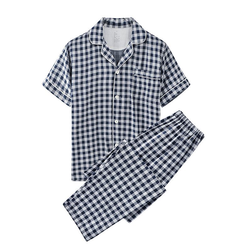 Cotton Short Sleeve Japanese Leisure Sleep Shorts Set Men's Navy Blue — image 1