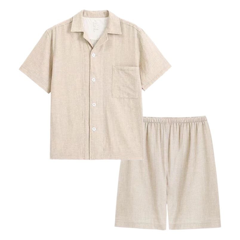 Cotton Short Sleeve Japanese Leisure Sleep Shorts Set Men's Pure Color view 2