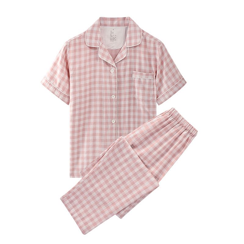 Cotton Short Sleeve Japanese Leisure Sleep Shorts Set Women's Pink Pad-Short — image 1