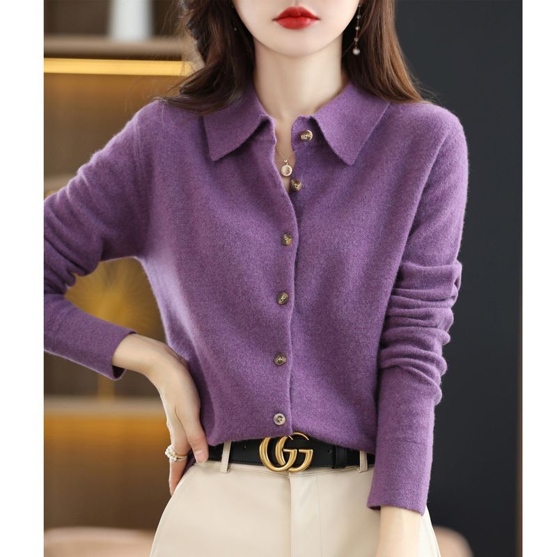 Women Knitted Cardigan Sweater Yi Yu Nuo Polo Collar Beige XL Size: XL view 2