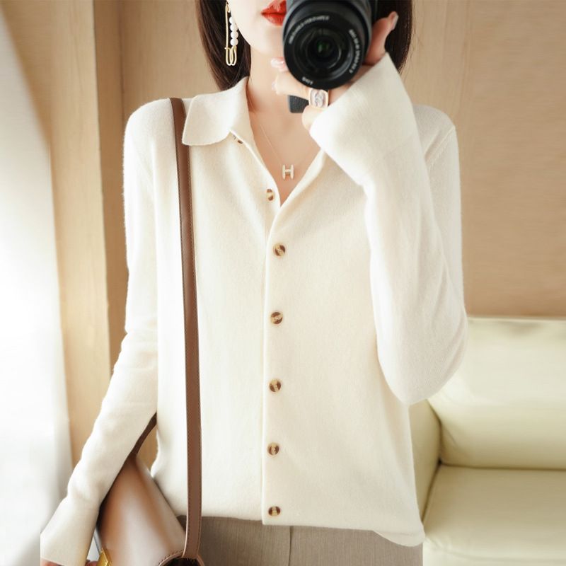 Women Knitted Cardigan Sweater Yi Yu Nuo Polo Collar Beige XL Size: XL view 3