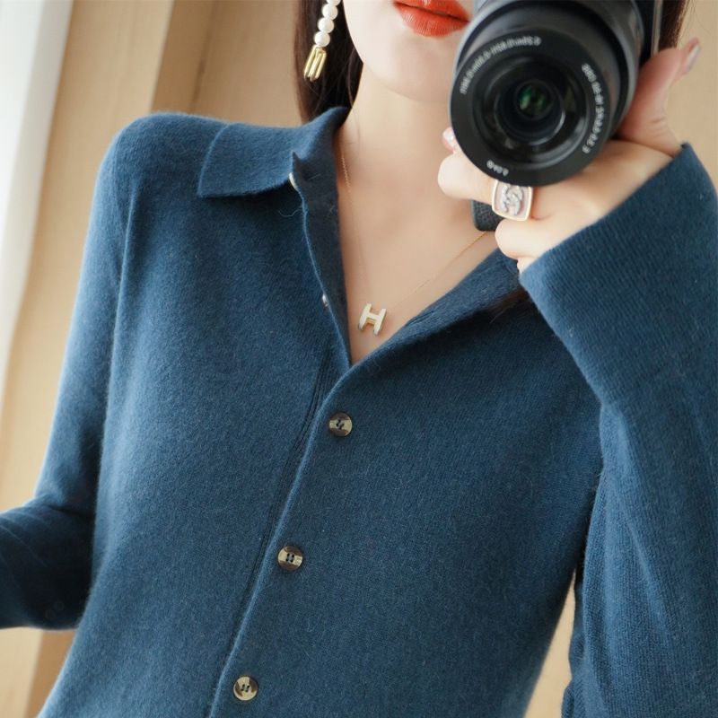 Women Knitted Cardigan Sweater Yi Yu Nuo Polo Collar Beige XL Size: XL view 4