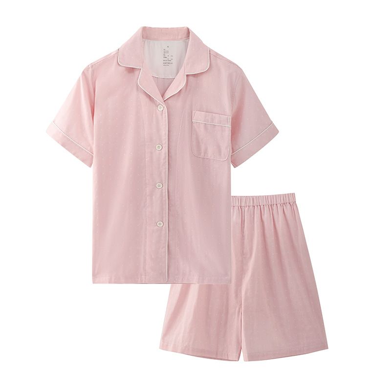 Cotton Short Sleeve Japanese Leisure Sleep Shorts Set Women's Pink Dot-Short — image 1