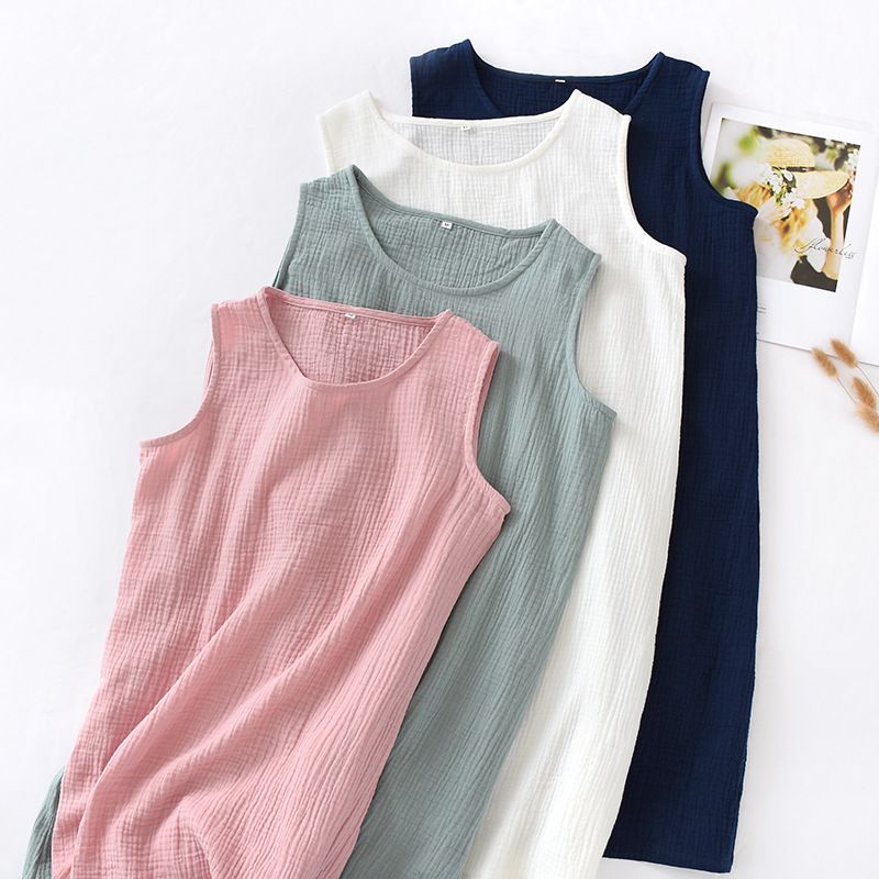 Women Cotton Sleeveless Nightgown Mid Skirt Summer Pink view 4