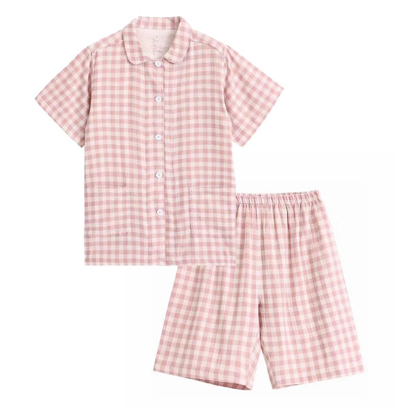 Japanese Cotton Pajama Suit Women Men Short Sleeve Women's Pink Small-Short — image 1