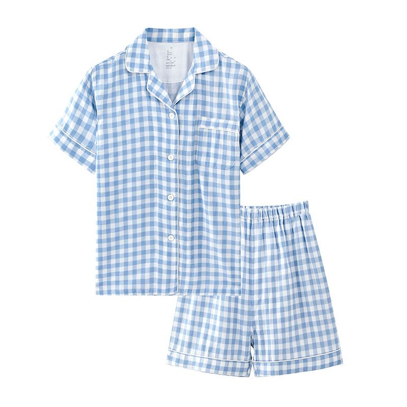 Japanese Cotton Pajama Suit Women Men Short Sleeve Men's gray polka dot-short view 3