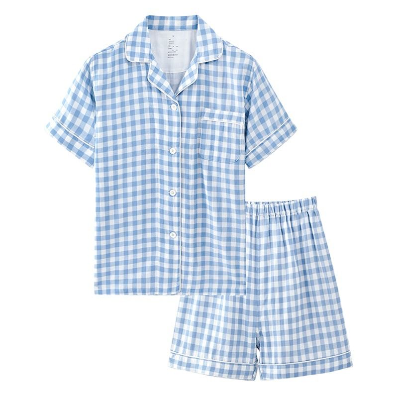 Japanese Cotton Pajama Suit Women Men Short Sleeve Men's Beige Wave Dot-Short view 2