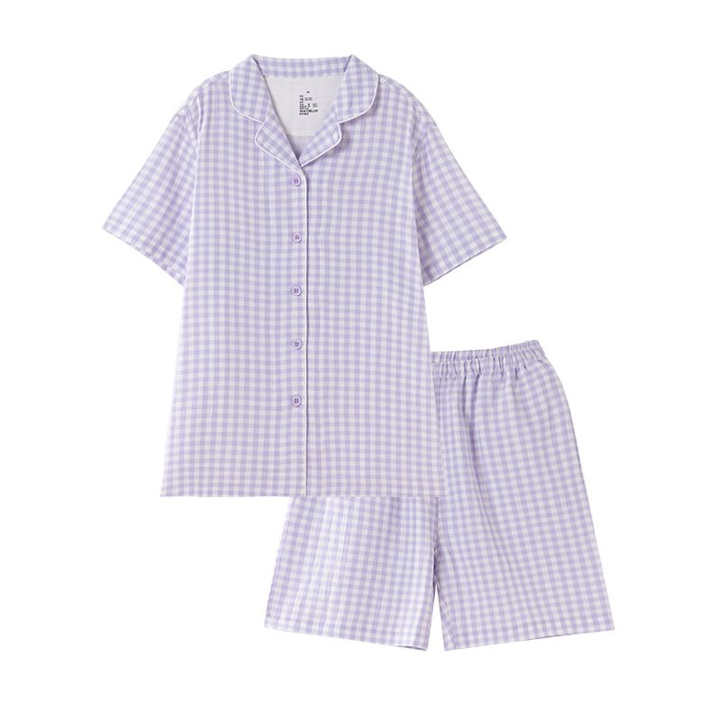 Japanese Cotton Pajama Suit Women Men Short Sleeve Men's Beige Wave Dot-Short view 4