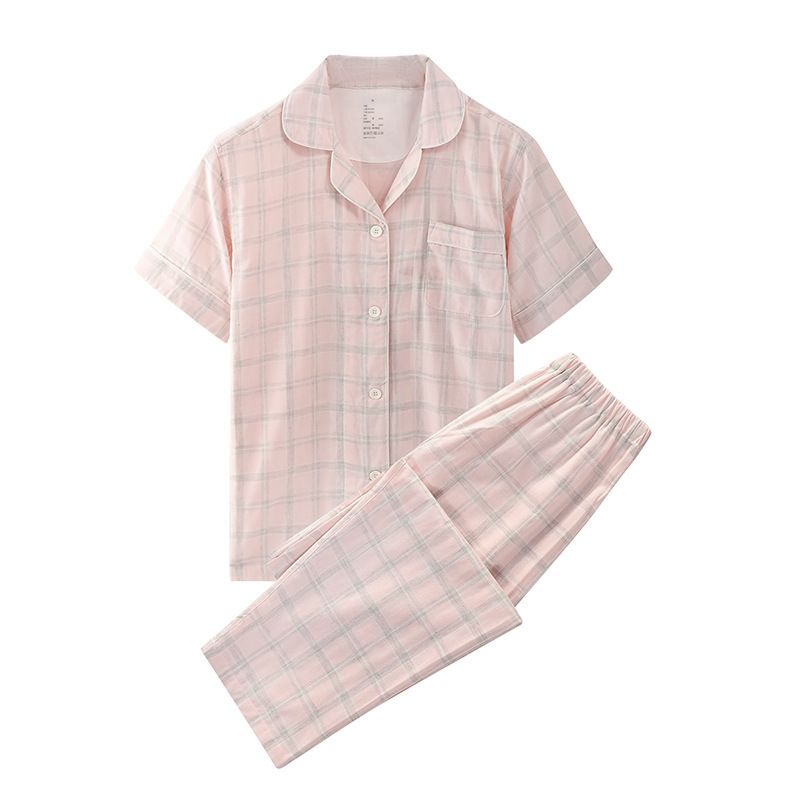 Japanese Cotton Pajama Suit Women Men Short Sleeve Women's linen gray powder