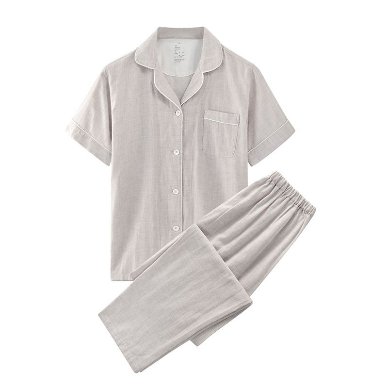 Japanese Cotton Pajama Suit Women Men Short Sleeve Women's milk tea solid
