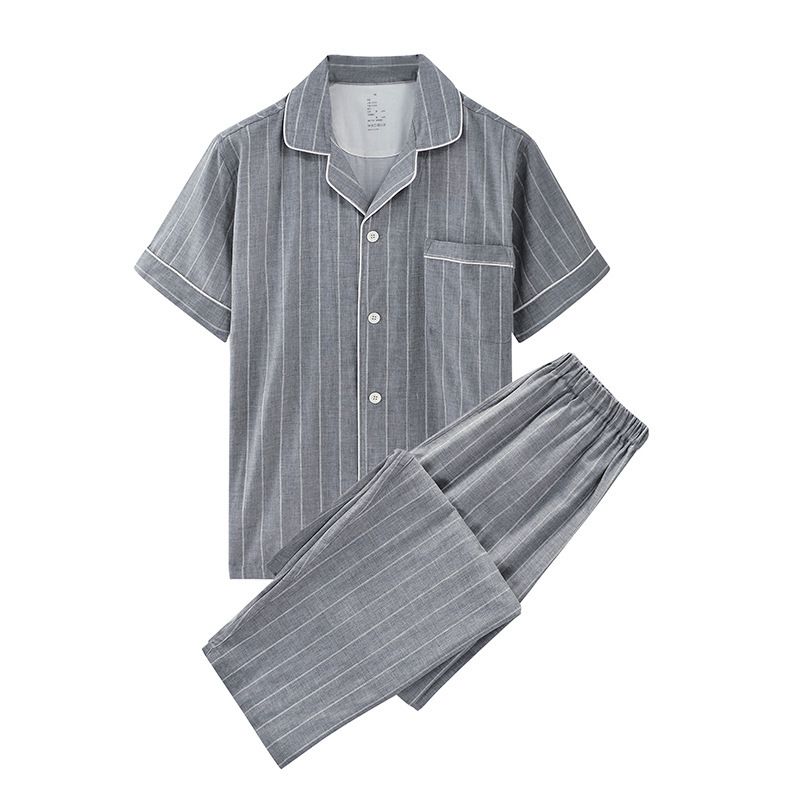Japanese Cotton Pajama Suit Women Men Short Sleeve Men's vertical gray-short