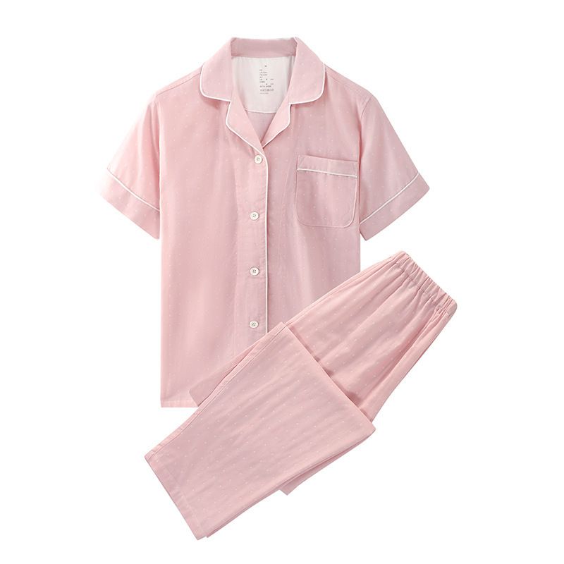 Japanese Cotton Pajama Suit Women Men Short Sleeve Women's Pink Dot-Short