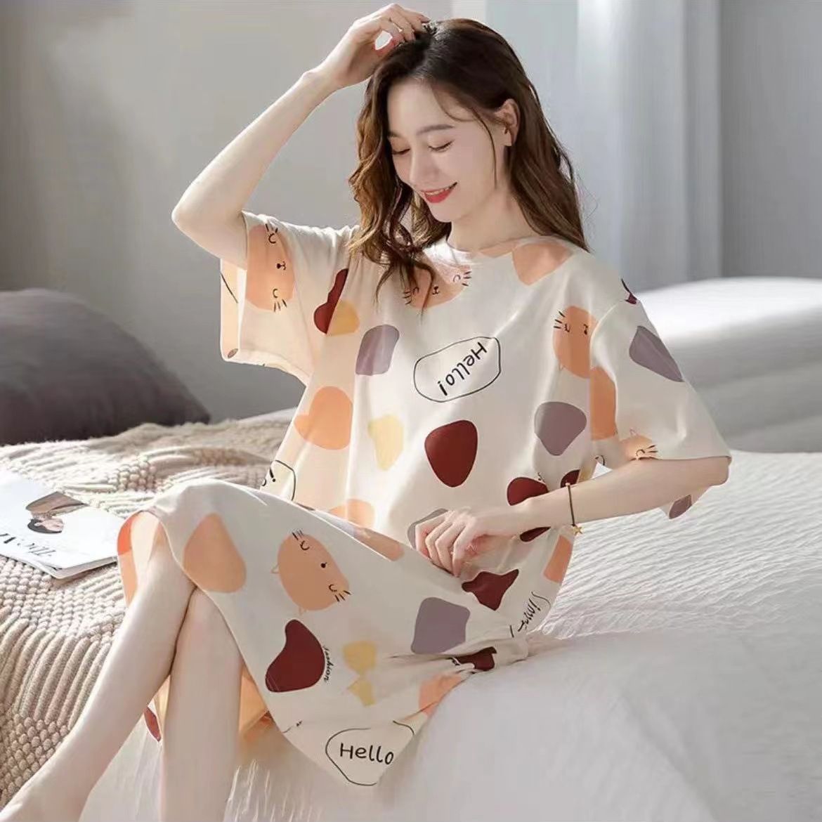 Women Summer Sleepwear Polyester Loose Dress Yellow XL